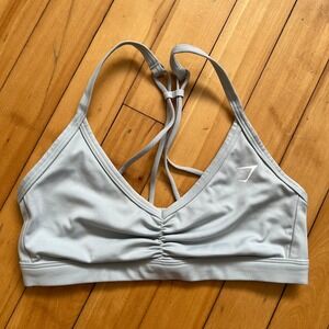 Gymshark Strappy Ruched Front Sports Bra Light Blue Silver Grey V-Neck Small